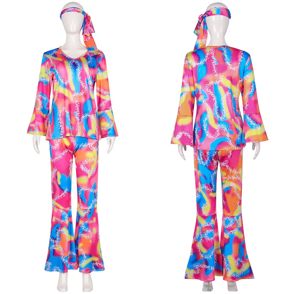 

Женский костюм для косплея в стиле хиппи для дискотеки, танцевальная одежда для девушек в стиле 80-х, топ, брюки, повязка на голову, костюм для костюмированной вечеринки на Хэллоуин
