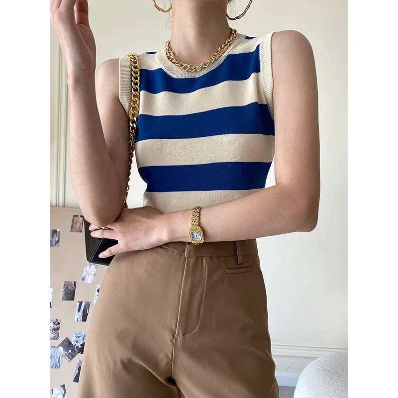 

Blue Color Fashion Knit Sweater Tees Tank Sleeveless Tank Camis Striped Patchwork Lady Crop Tops Clothes