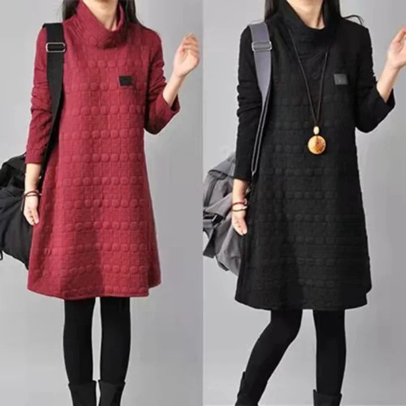 

2023 Autumn Winter Women Midi Dress Long-sleeved Elegant Thick Side Ladies Vintage Dress Warm and Slimming Sweater