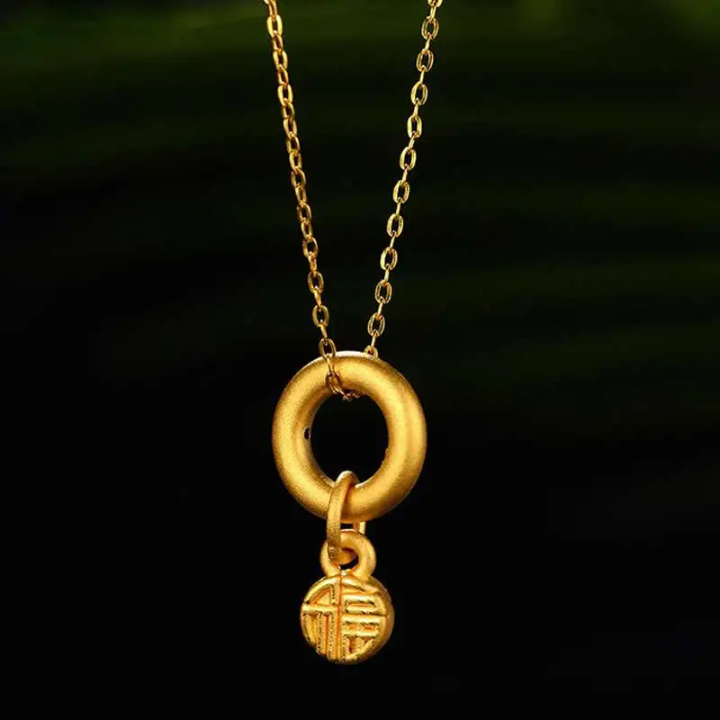 

FINE 999 24K Yellow Gold Pendant Women 3D Gold FU Round Necklace Pendant