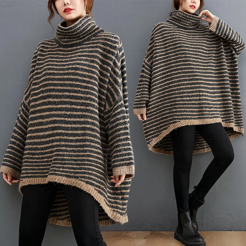 

Retro Lazy Wind Turtleneck Sweater Women's Loose Outer Wear 2022 Autumn/Winter Large Size Mid-Length Stripe Knit Jumper Top T377