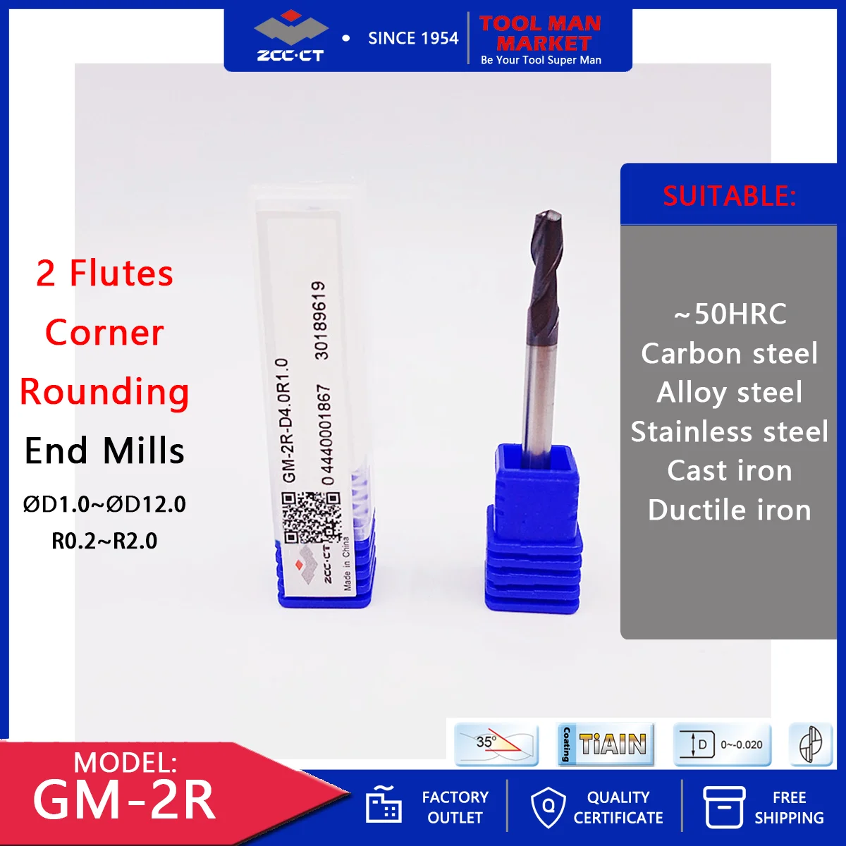 

ZCCCT GM-2R Tungsten Steel 2 Flutes Corner Rounding Coated End Mill R0.2~R2.0 CNC Milling Cutter Cutting Tools For HRC50