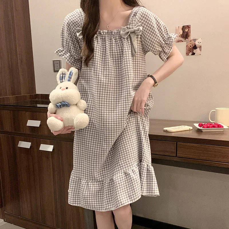 Женское платье для сна из хлопковой пены с короткими рукавами и квадратным