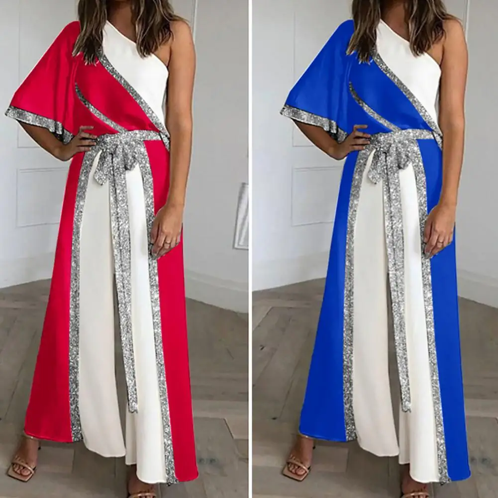 

Wide Leg Stylish Sexy Sequins Patchwork One Piece Jumpsuit Soft Texture Party Jumpsuit Belt Ladies Outfit