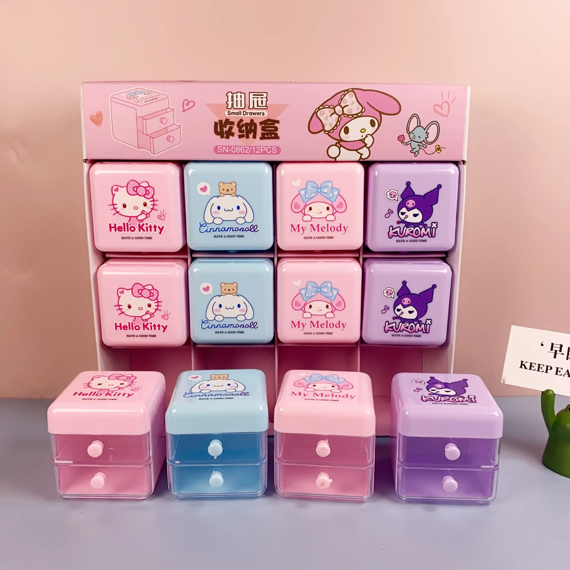 

12PCS Sanrio Mini Storage Box Hello Kitty Cinnamoroll Double Drawer Storage Multi-functional Small Debris Jewelry Organizer