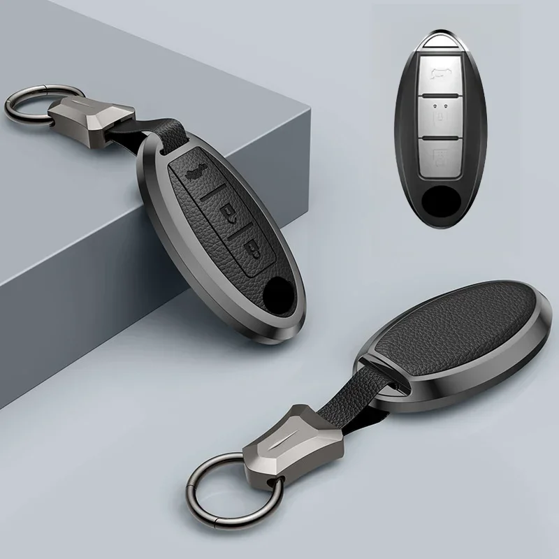 Кожаный чехол для автомобильного ключа из алюминиевого сплава Nissan Qashqai 370Z March Pulsar