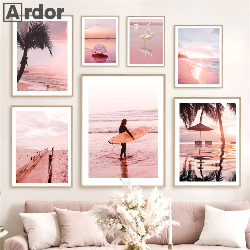 

Pink Ocean Landscape Painting Sunset Beach Canvas Poster Palm Tree Surfboard Wall Art Print Nordic Wall Pictures Bedroom Decor