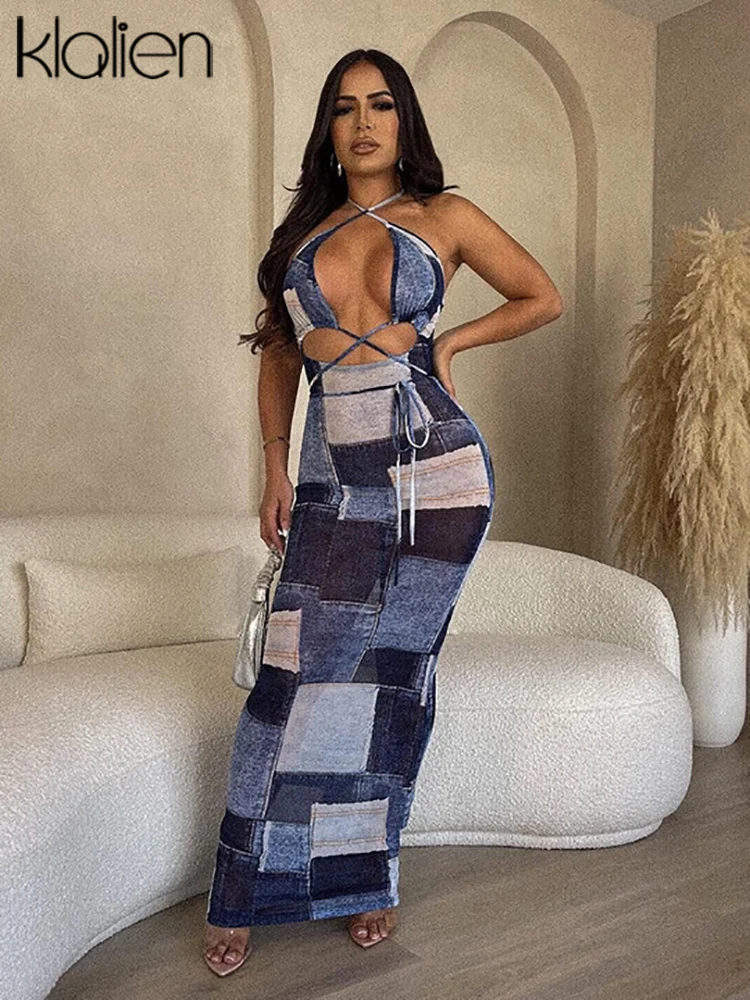 

KLALIEN Sexy Party Night Dress Women Summer Cross Halter Backless Plaid Print Long Dresses Prom Evening Bodycon Vestido Female