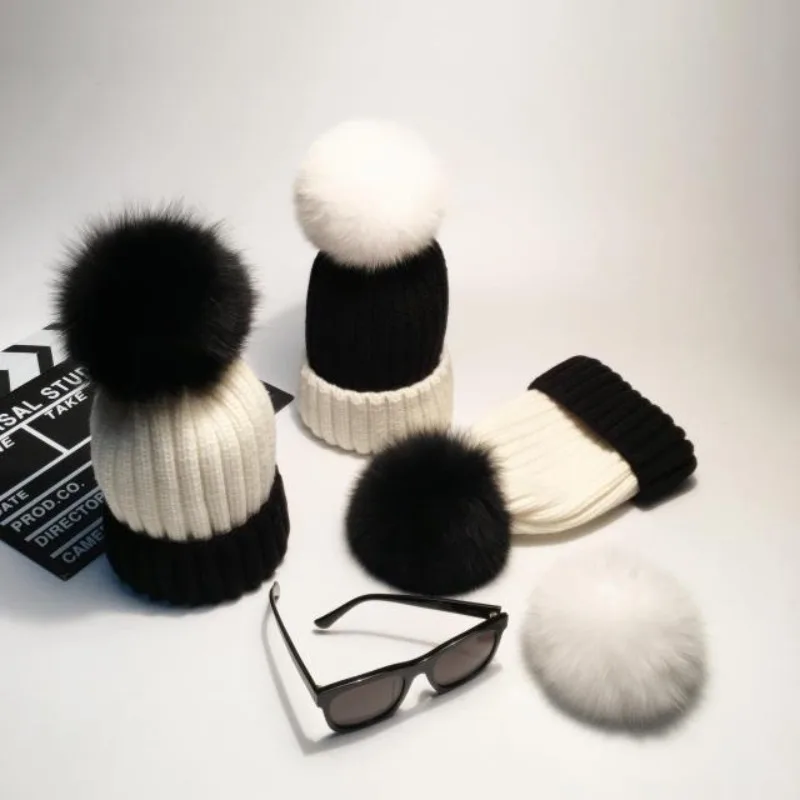 

Зимняя шапка с помпоном из лисьего меха, женские уличные модные теплые шапки, плотные шапки, Корейская версия, утолщенная вязаная шапка с защитой ушей