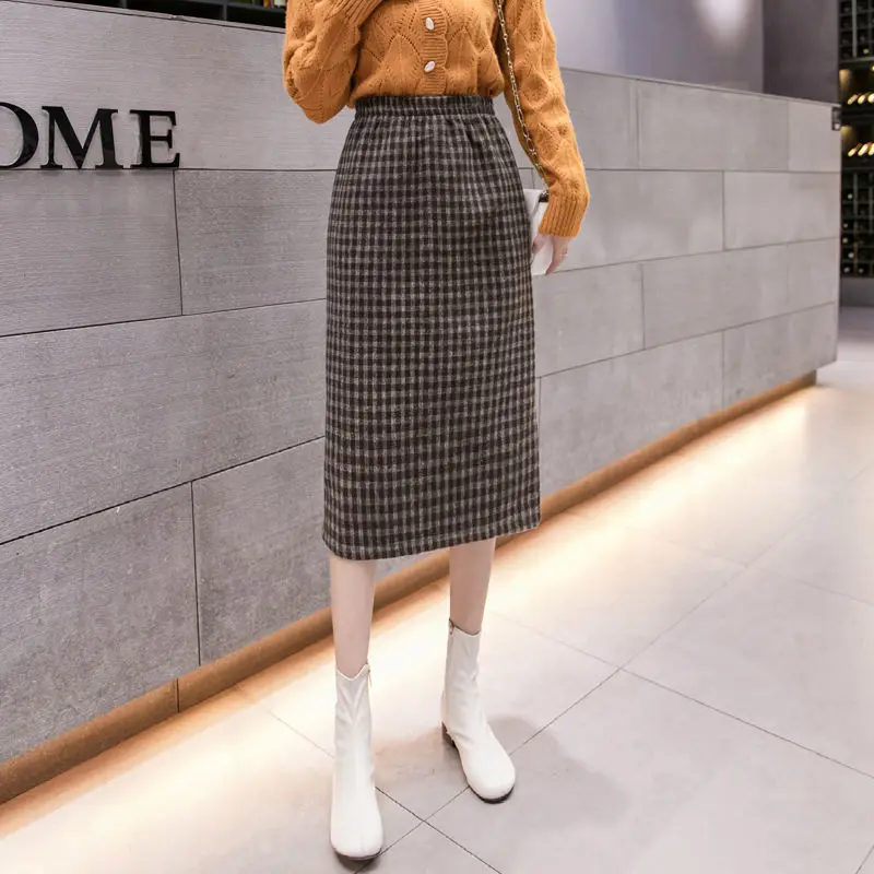 

Elegant Retro Female Hight Waist Woolen Long Plaid Skirt Women Casual Straight Vintage Fashion Maxi Skirt Jupe Longue Femme Y724