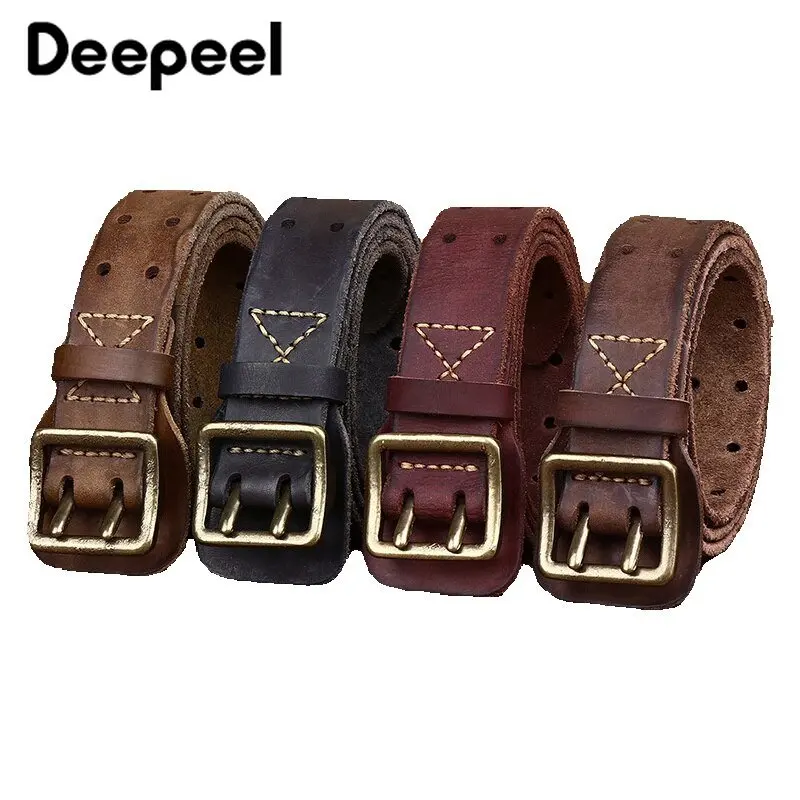 Male Cowskin Belt Genuine Leather Retro Fashion Pure Copper Double Needle Buckle Young Men's Belts New Style Cowboy Waistband