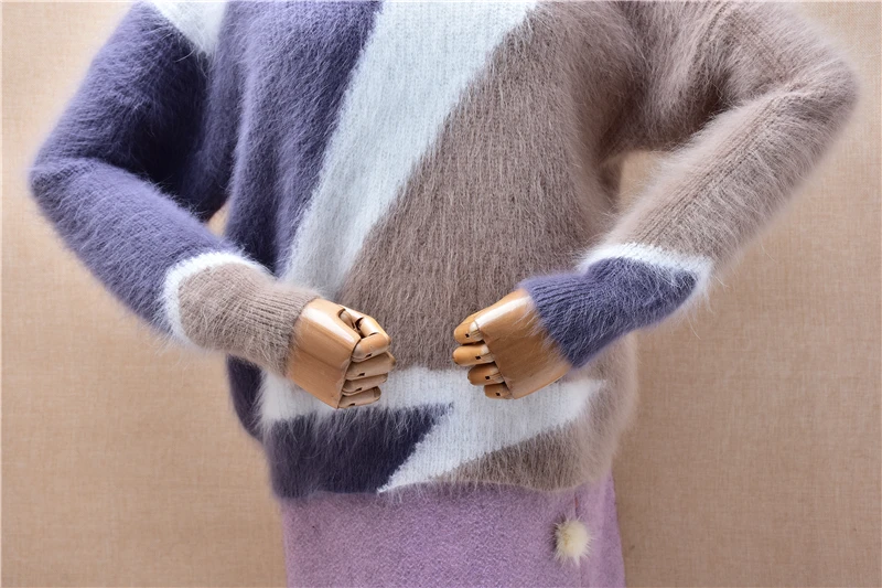 Женская осенне-зимняя модная вязаная водолазка из волосатого ангорского кролика