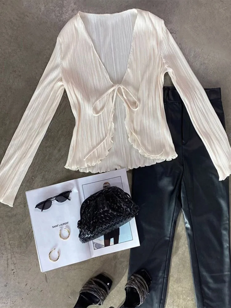 2024 женские плиссированные однотонные рубашки весенне-осенние шикарные