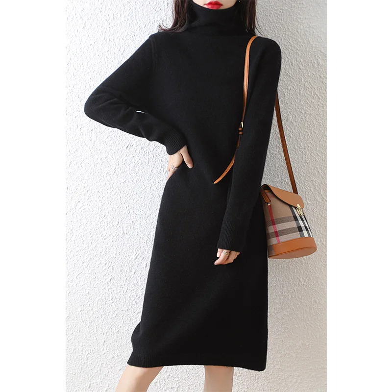 Autumn and Winter New 100% Pure Wool Women's High Neck Knitted Dress Mid Length Knee Length Loose Bottomed Cashmere Dress