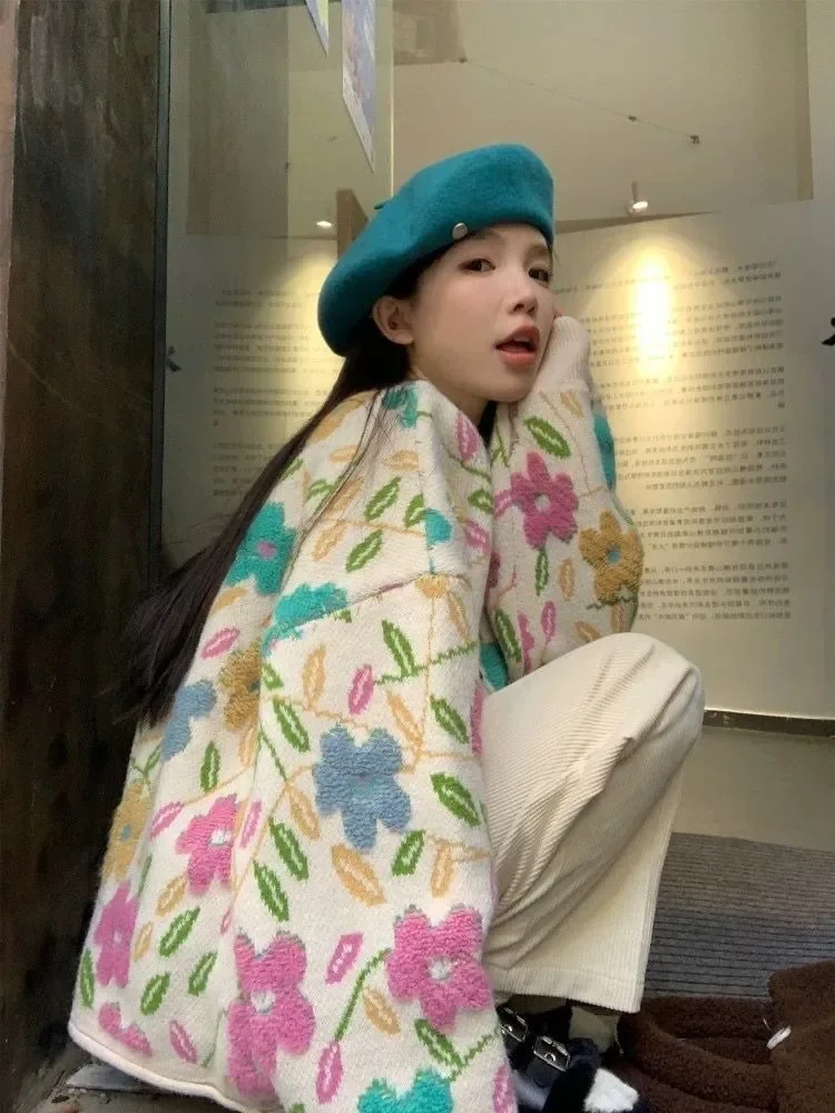 Ezgaga вязаный кардиган женский сладкие цветы однобортный с круглым вырезом