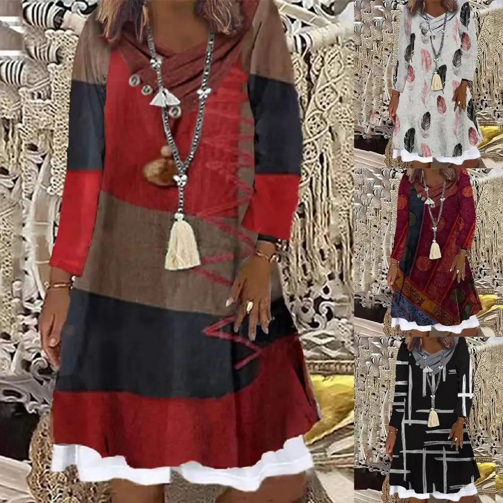 

Women Dress Digital Print Large Hem Fake Two Piece Loose Dress for Daily Wear