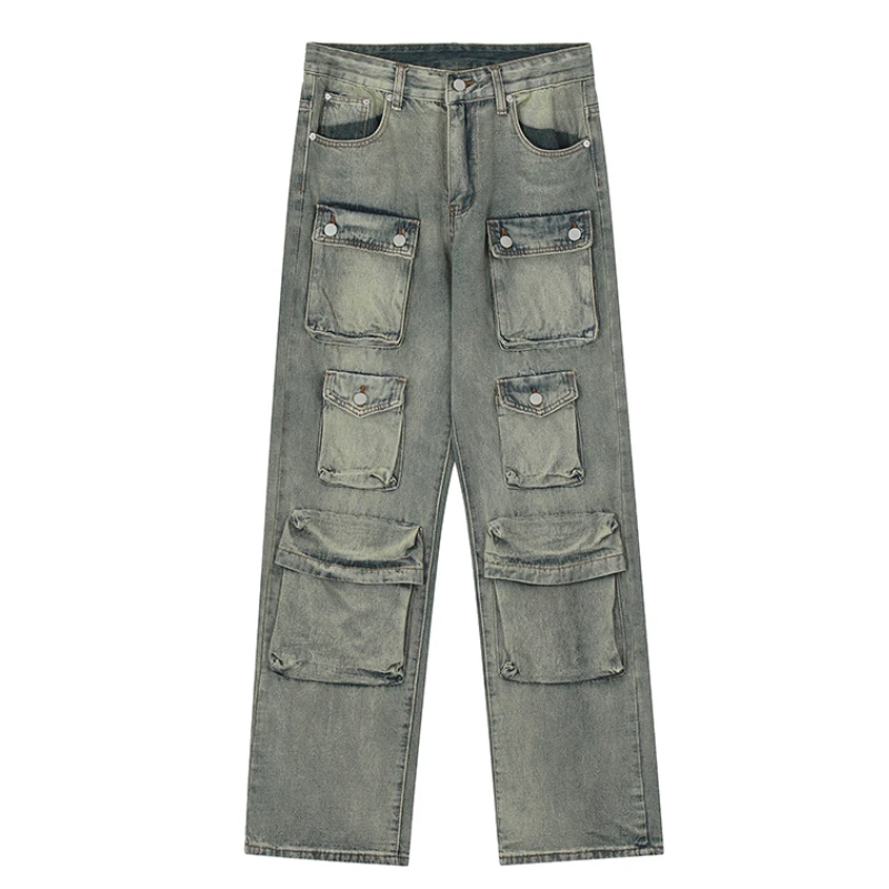 Hip Hop Cargo Denim Pants Streetwear Plain Denim Pants Mens Harajuku Cotton Casual Joggers Jeans Loose Straight Pants Trousers