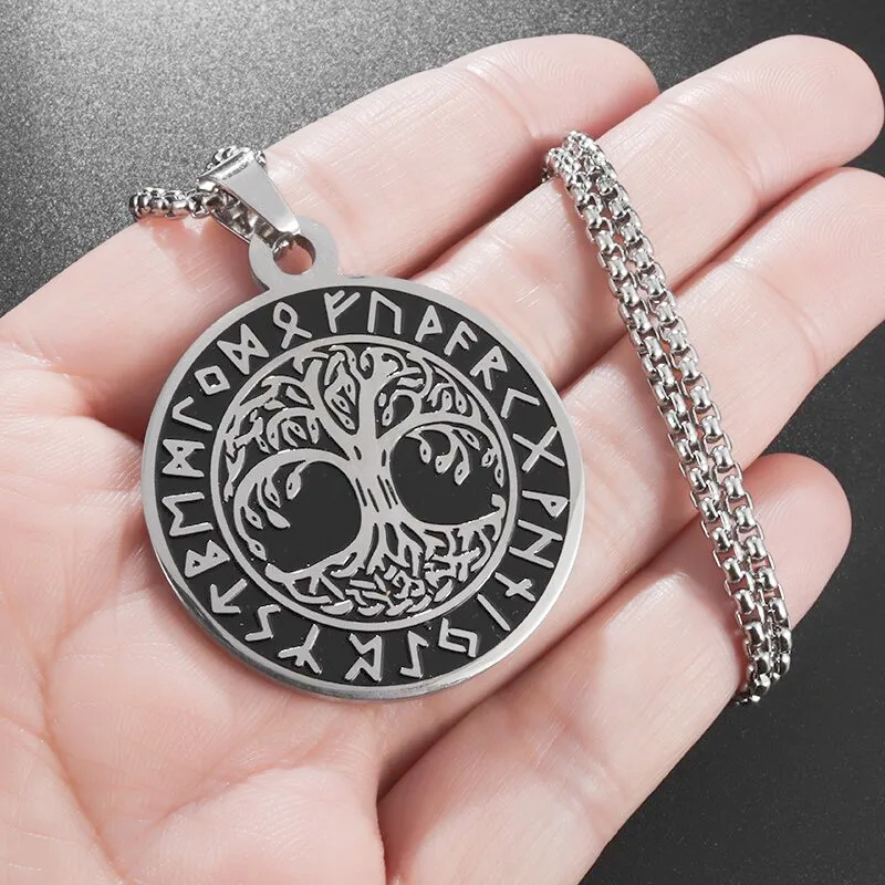 

Vintage Viking Tree of Life Pendant Men's Stainless Steel Rune Necklace Punk Hip Hop Nordic Mythology Charm Amulet Jewelry