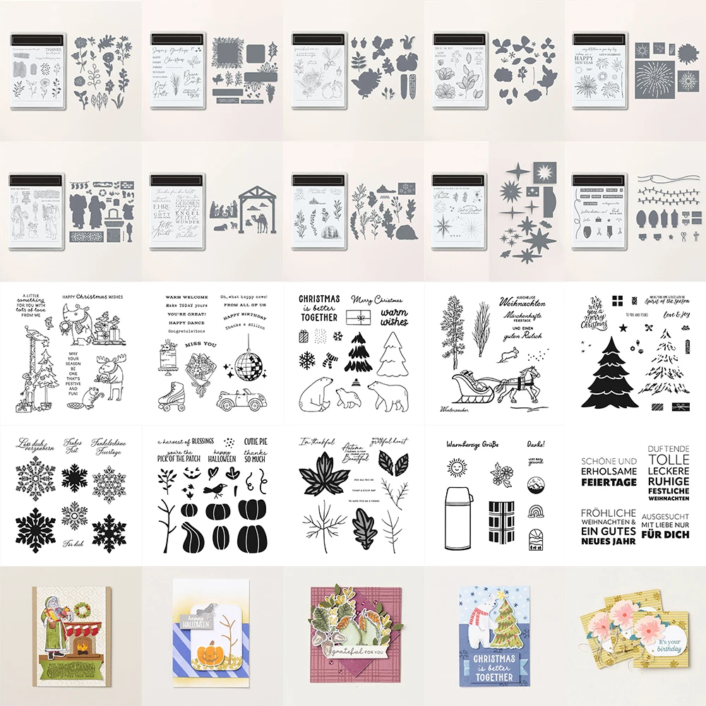 

Sep.-Dec. 2023 Mini Catalog Lawn Tree Pumpkin Cutting Dies English German Warm Wishes Clear Stamps for DIY Christmas Halloween