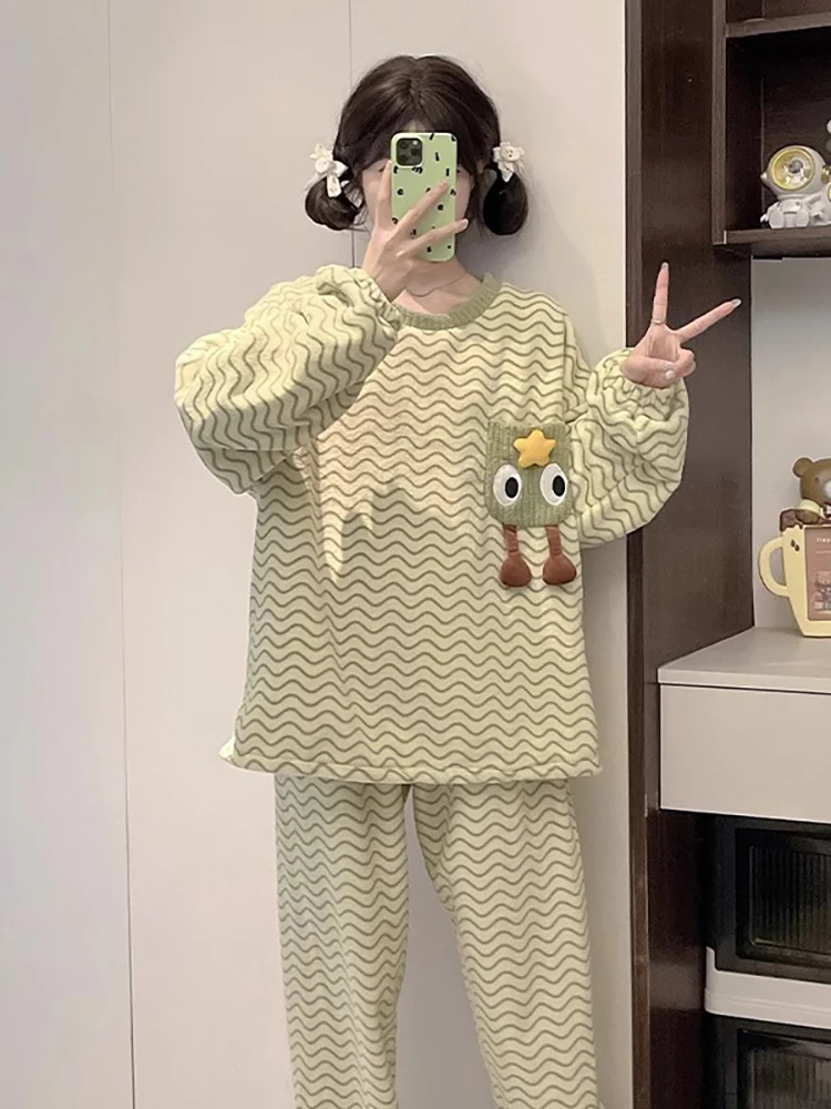 Японская мода GP коралловый флисовые пижамы женские 2024 зимние свободные большие