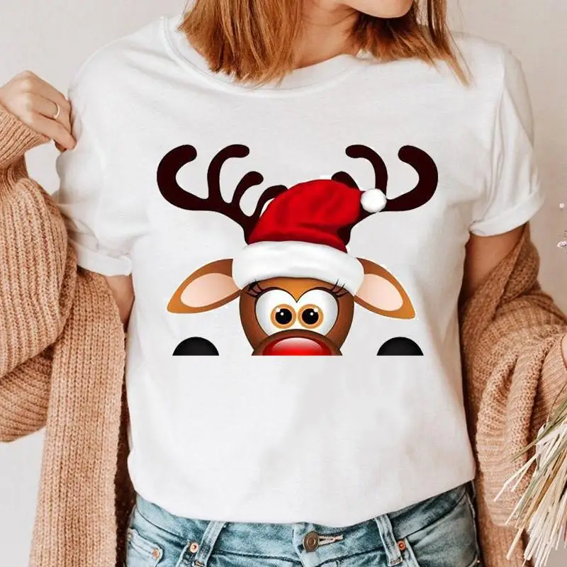 

Women Deer Animal New Year Holiday Tshirt Top Happy Merry Christmas Cartoon Trend Clothes Graphic Style Female Tee T-shirt