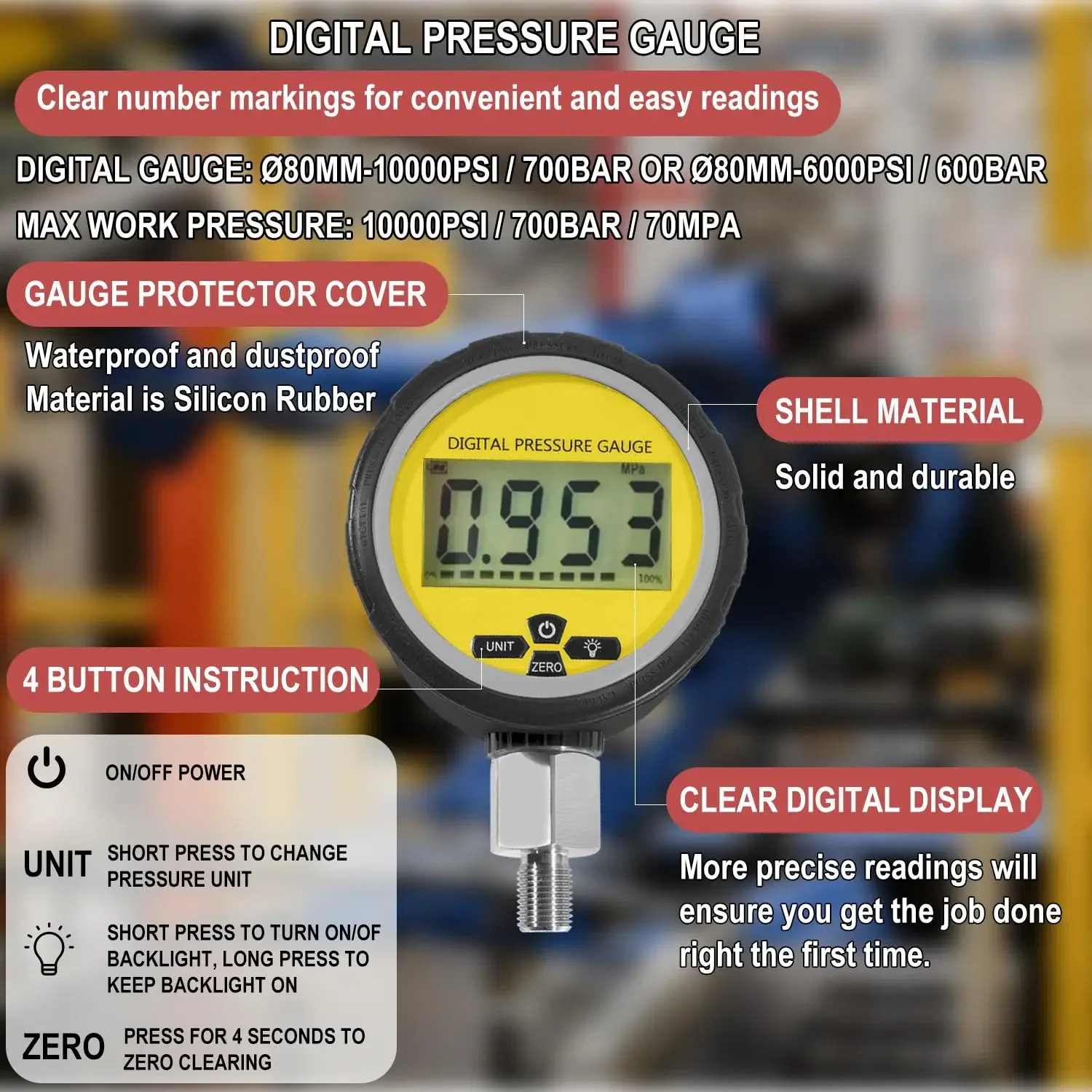 Цифровой гидравлический манометр 10000 фунт/кв. Дюйм/1/4 бар соединитель NPT тестер