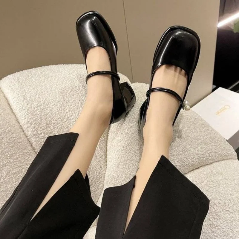 Ladies Summer Footwear Mary Jane Shoes for Women 2023 with Medium Heels Japanese Style Lolita Pearl Square Toe Gothic White Y2k
