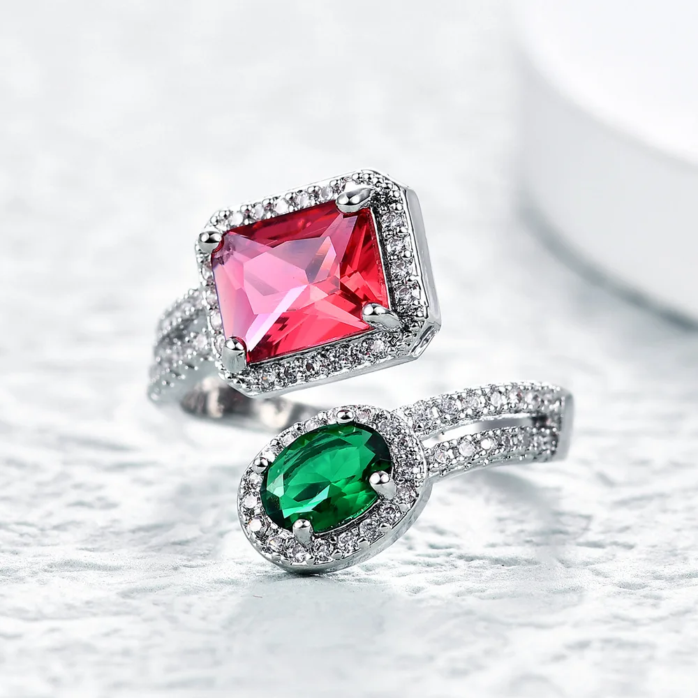 

Fashion Trendy Jewelry Ring for Women Rose Red Green Zircon Geometric Adjustable Wedding Engagement Silver Plated Party Gift