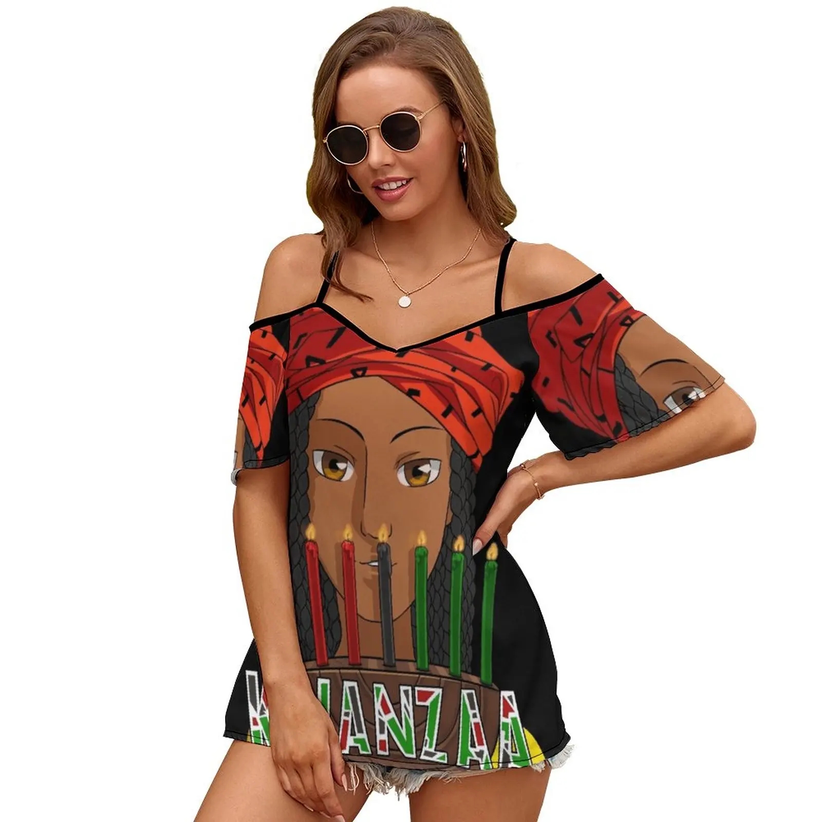 Kwanzaa Kinara Свечи Женская футболка с круглым вырезом Повседневные топы короткими