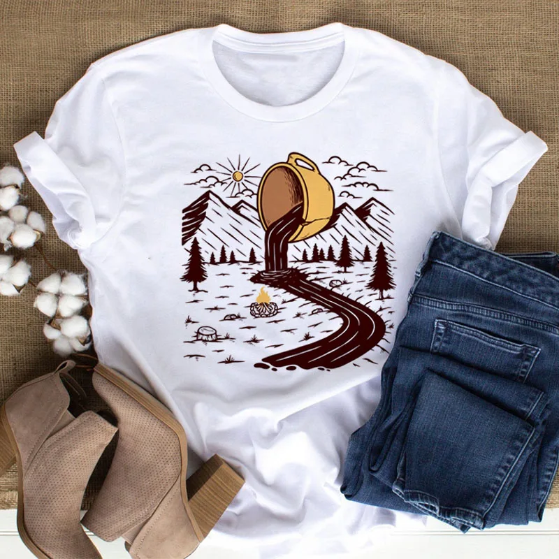 

Funny Coffee Mountain Pattern Women's Top Casual Girl Round Neck T-shirt New Women's T-shirt
