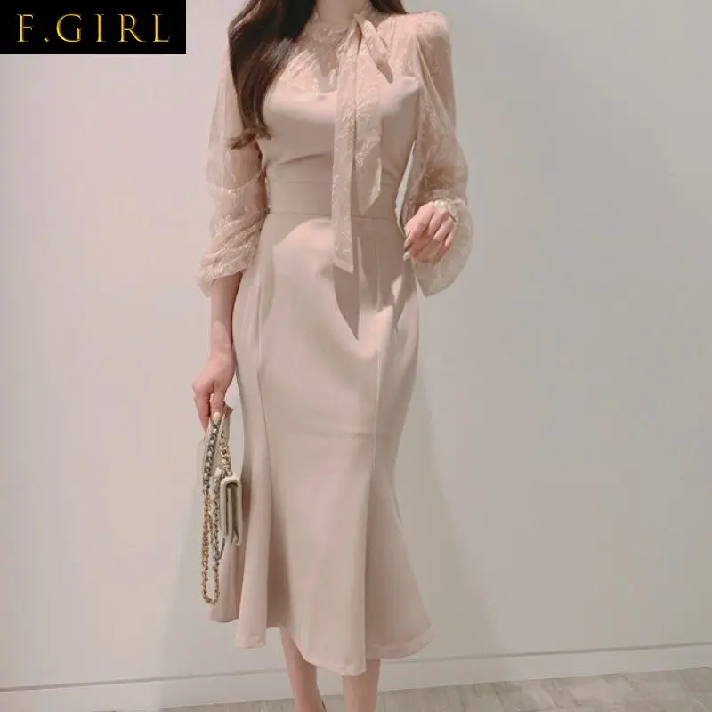 

Temperament Lace Mesh Patchwork Puff Sleeve Midi Robe O-neck Ribbon Design Slim Fishtail Dress 2023 Spring Elegant Vestidos