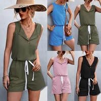 womens sexy v neck jumpsuit summer new beach solid color rompers sleeveless casual fashion sexy short playsuits ladies clothing
