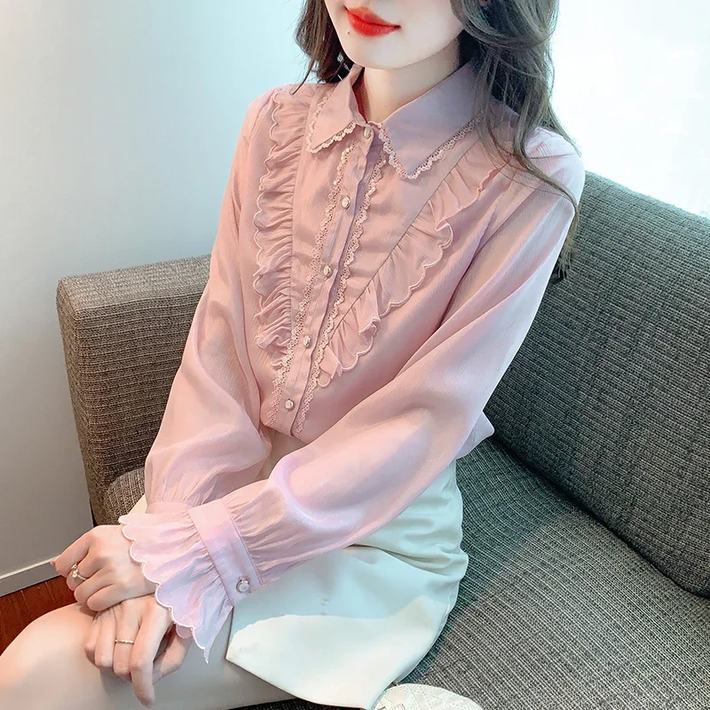 Женская шифоновая блузка с длинным рукавом отложным воротником и оборками