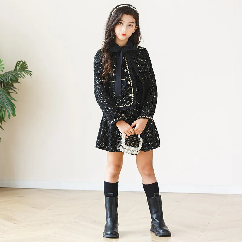 Детский комплект одежды ZOETOP твидовый пиджак с яркими бриллиантами и
