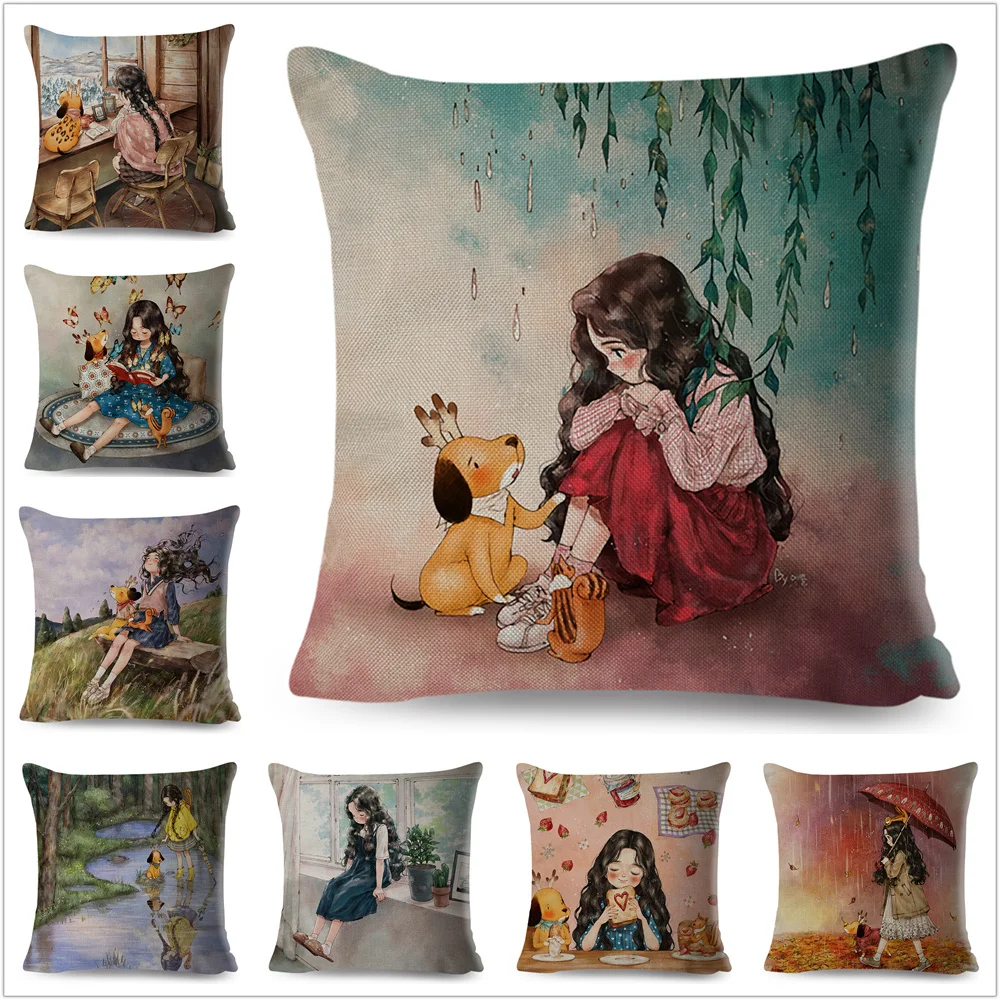 

Colorful Cute Cartoon Girl and Pet Dog Fairy Tale World Pillowcase Decor for Sofa Home Pillow Case Polyester Cushion Cover