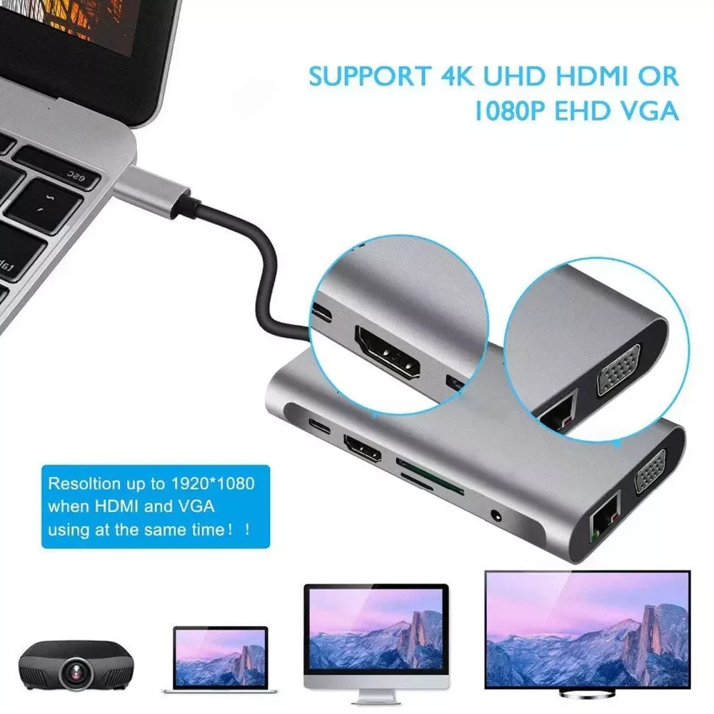 

2022 Factory Direct Selling Type C Hub Type-C To HDMI 4K VGA Adapter RJ45 Lan Ethernet SD TF USB-C 3.0 Typec 3.5mm Jack Audio Vi