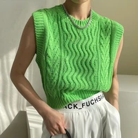 2021 new spring autunm women sweaters waistcoat sleeveless chic sweet korean style knitted vintage wild lady short vests green