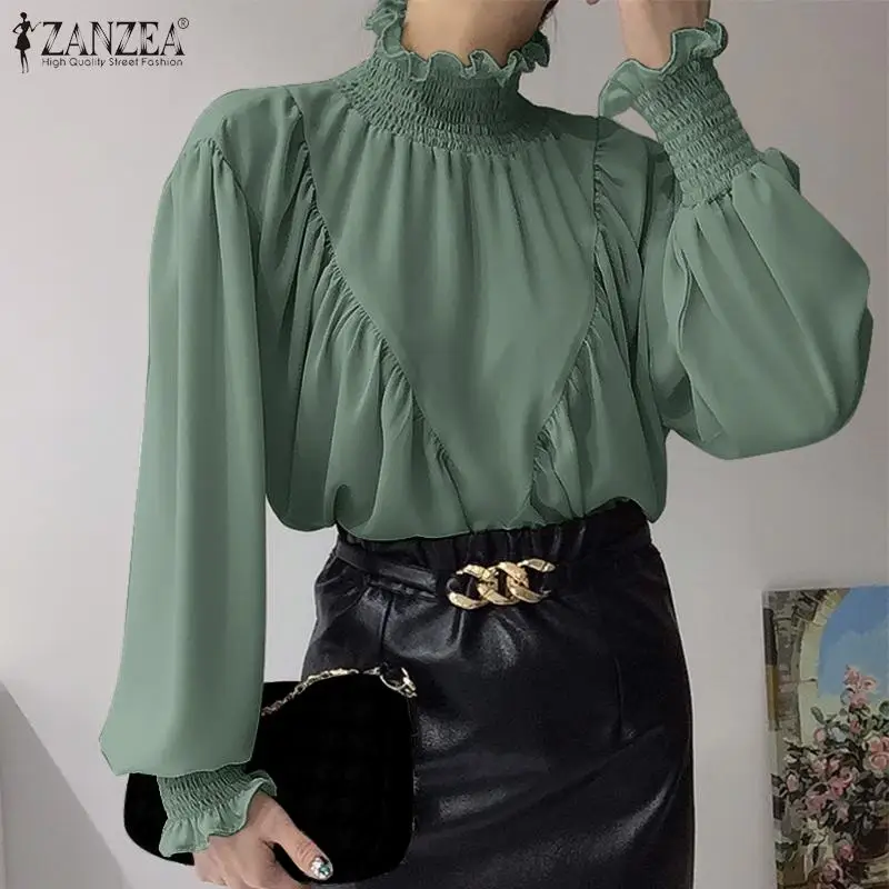 

ZANZEA Spring Office Lady Shirt Stylish Elegant Women Turtleneck Long Sleeve Blouse Solid OL Work Blusas Female Tunic Tops Mujer