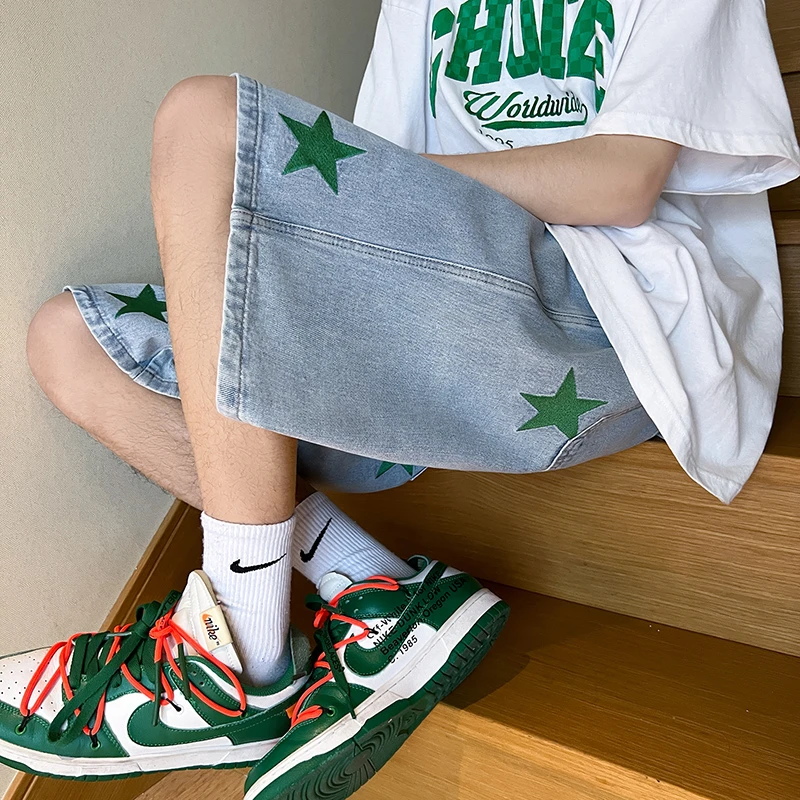 Джинсовые шорты с вышивкой эластичным поясом и кулиской для мужчин идеально