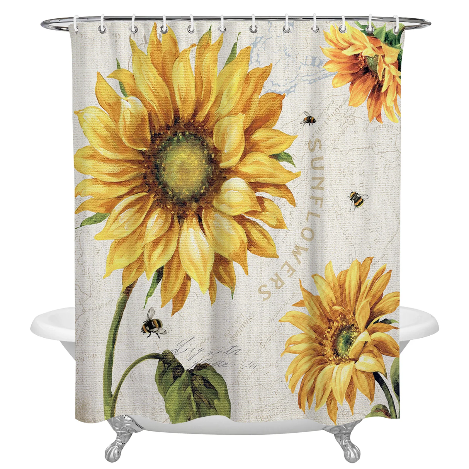 

Штора для душа в ванную комнату, винтажная Водонепроницаемая занавеска из полиэстера с цветами, подсолнухами, Пчелой, с крючками