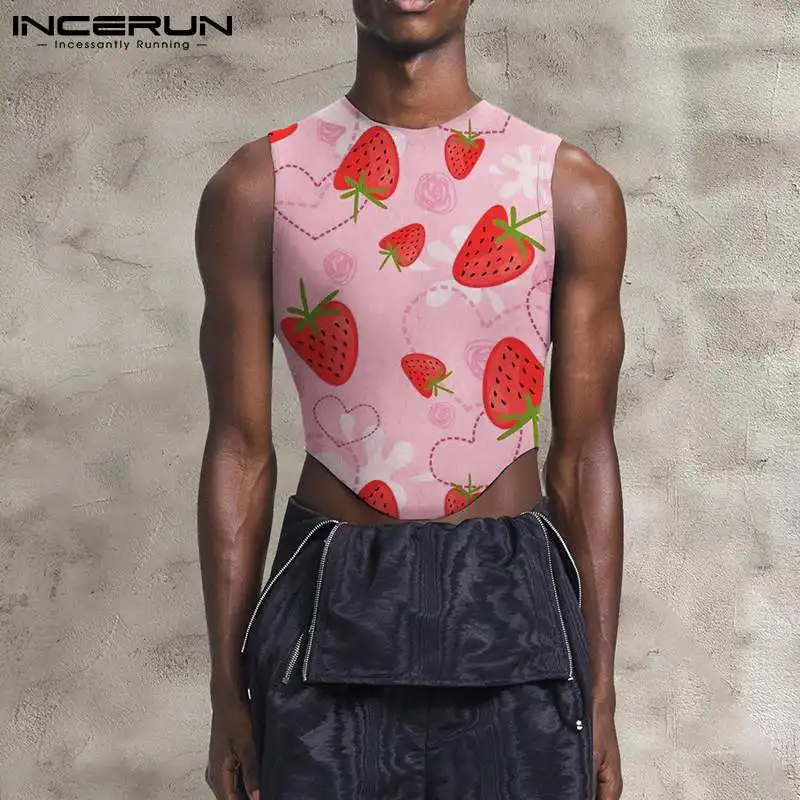 

INCERUN Tops 2023 Men's Sexy Leisure Well Fitting Waistcoat Fashion Casual Style Tees Male Fruit Printing Sleeveless Vests S-5XL