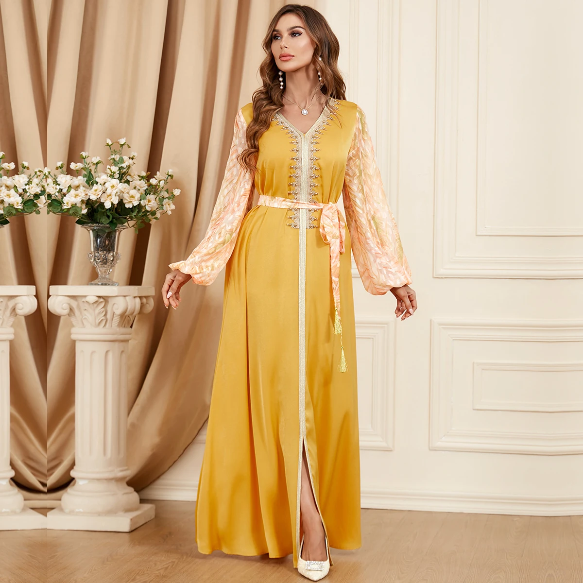 BNSQ 3402# 2023 Summer New Fresh Fashion Women's Dress Elegant Muslim Abaya Spliced Bubble Sleeve Beaded Dress