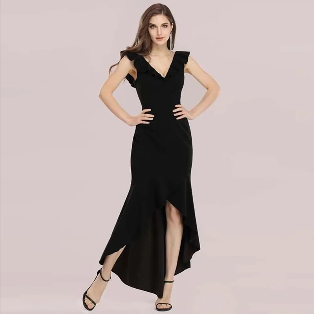 

Celebrity Black Chiffon Evening Dresses Elegant for Wedding V-neck Cap Sleeve Front Short Long Back Mermaid OEM Party Prom