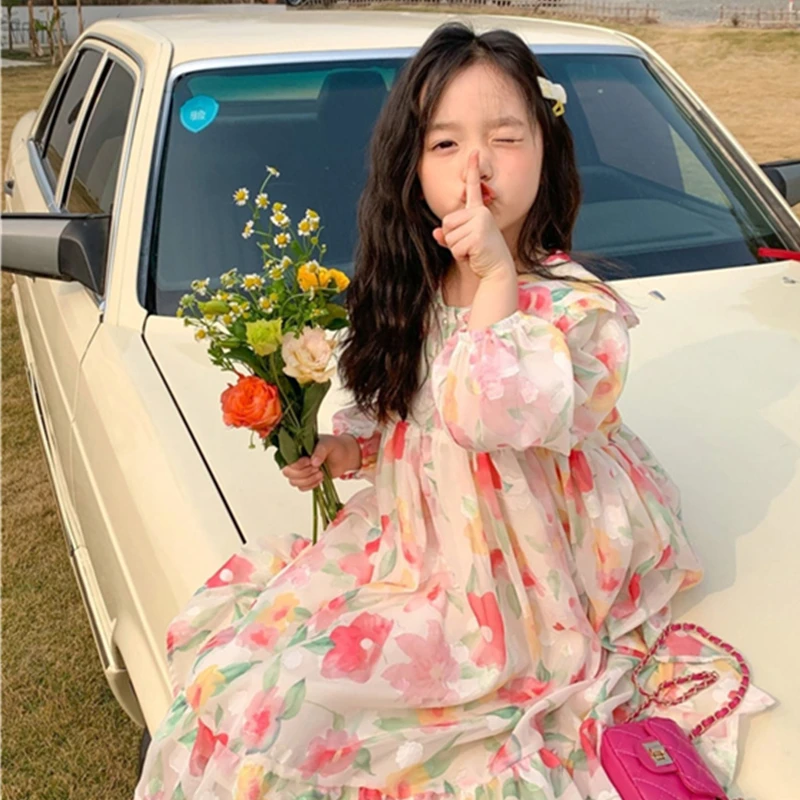 

2022 Girls Dress Spring Summer New Children's Clothing Pink Large Flower Dress Peter Pan Collar Princess Dress Kids Beach Skirt