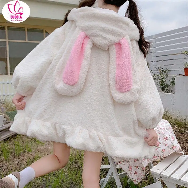 

Zip Up Jacket Jacket Women Lolita Teddy Rabbit Ears Hooded Soft Girl Ruffle Faux Wool Coat Lambswool Cotton Thick Outer New