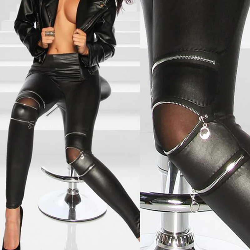 

High Elasticity Three Zipper PU Leather Running Tights Black Skinny Long Pants Women Pants With Zipper High Quality