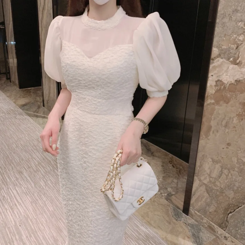 

Fishtail Long Dress Patchwork Chiffon Puff Short Sleeve O-Neck Slim Elegant Summer 2022 Spring Korean Retro Evening Maxi Robe