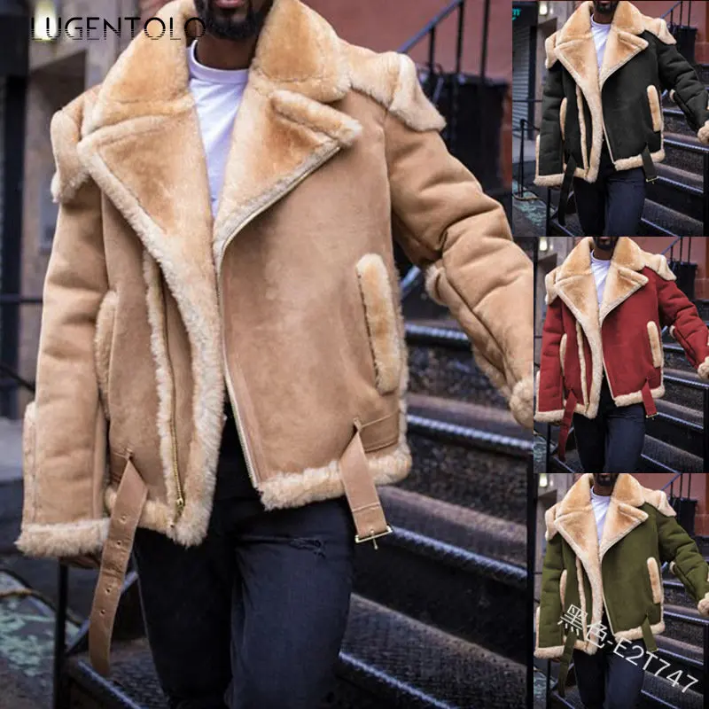 

Faux Leather Jacket Men Large Size Winter Fashion Warm Thick Fur Long Sleeve Lapel Suede Biker Jackets Lugentolo