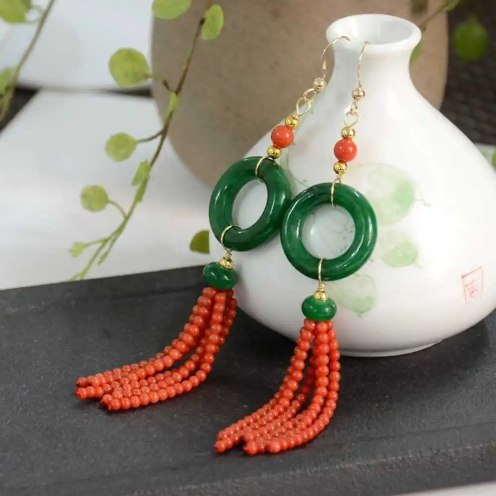 

Natural Green jade Red coral beads Circle fringe Earrings Classic Beautiful Ear stud Accessories Hook Lucky Halloween CARNIVAL