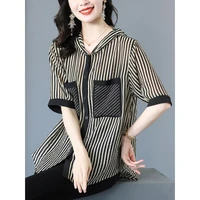 vintage printed striped hooded spliced pockets diamonds button oversized loose shirt summer casual fashion woman blouses 2022